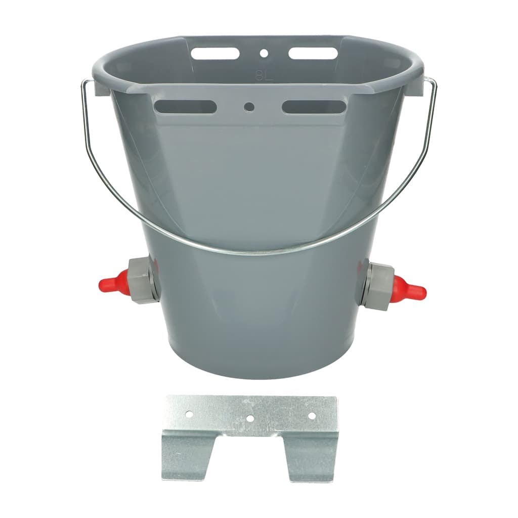 rail-mounted lamb feeding bucket with teats